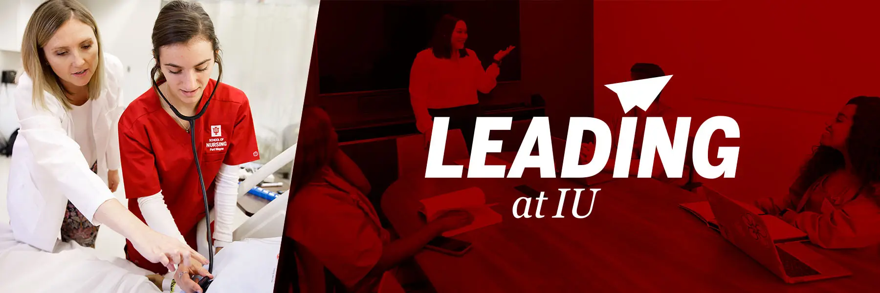 A training nurse with a Leading at IU logo